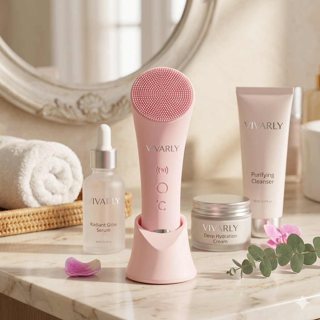 VIVARLY skincare products including a serum, cleanser, and scrubber on a marble surface.